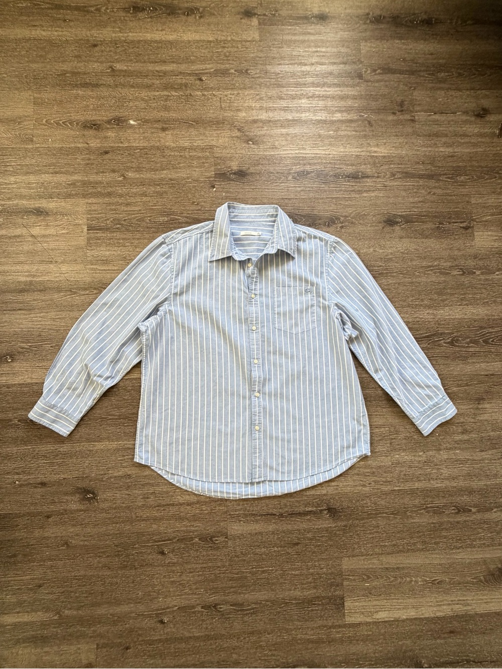 Coach Men's Light Blue and White Striped Button-Down Shirt